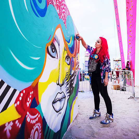 Female, artist, street art, graffiti, Dubai, Emirates, Wall, colors, portrait