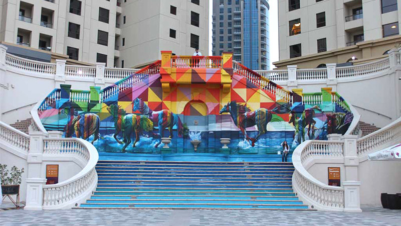 Graffiti, street art, City Walk, Dubai, Art, trompe l'oeil, anamorphosis, horses