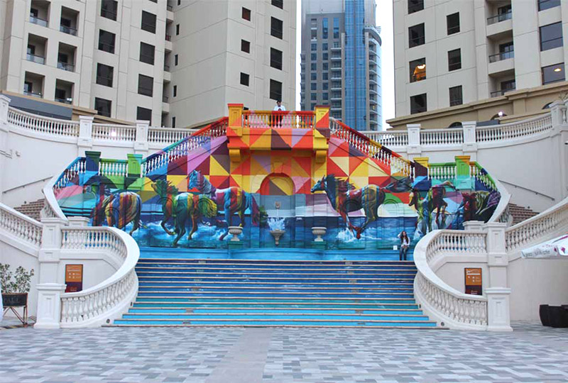 Graffiti, street art, City Walk, Dubai, Art, trompe l'oeil, anamorphosis, horses